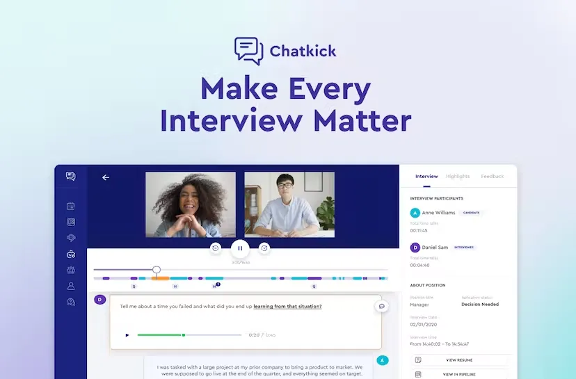 We’re thrilled to announce that Chatkick hiring intelligence platform is now available for all teams.  The Chatkick platform provides hiring managers and talent acquisition teams with the kind of data-driven visibility that’s long been missing from their hiring processes.